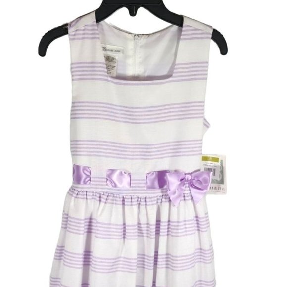 Bonnie Jean Girl's Size 14 White/Lavender Stripe Dress With Lavender Bow NWT